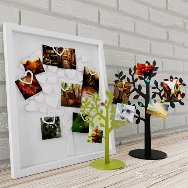 Decorative Ornament Set With Tree Shaped Design Heart Clips And White Frame For Photo 3d model 