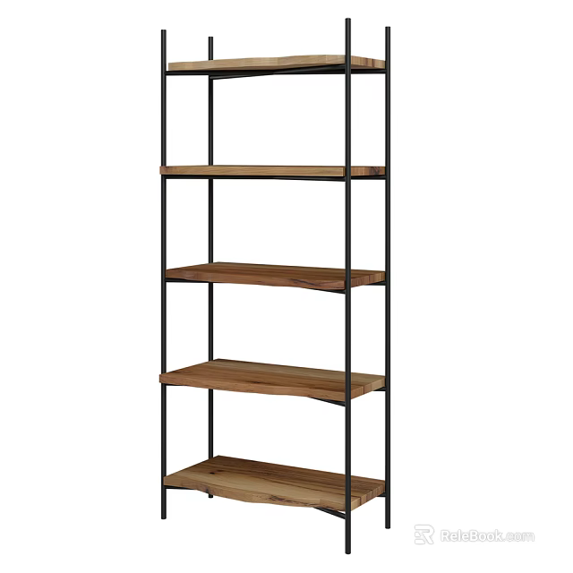 Modern Industrial Shelving Unit With Wooden Shelves And Black Metal Frame 3d model 