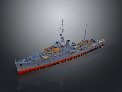 Vintage Warship Model With Gray Upper Hull Orange Bottom Mast And Chimney 3d model