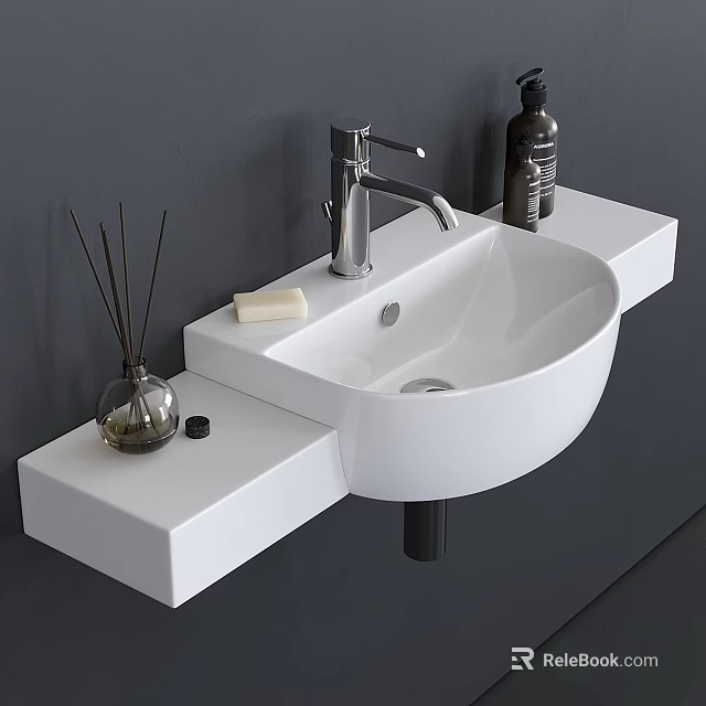 White Wall Mounted Washbasin With Silver Faucet And Aromatherapy Diffuser On Countertop 3d model 