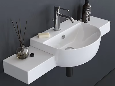 White Wall Mounted Washbasin With Silver Faucet And Aromatherapy Diffuser On Countertop 3d model