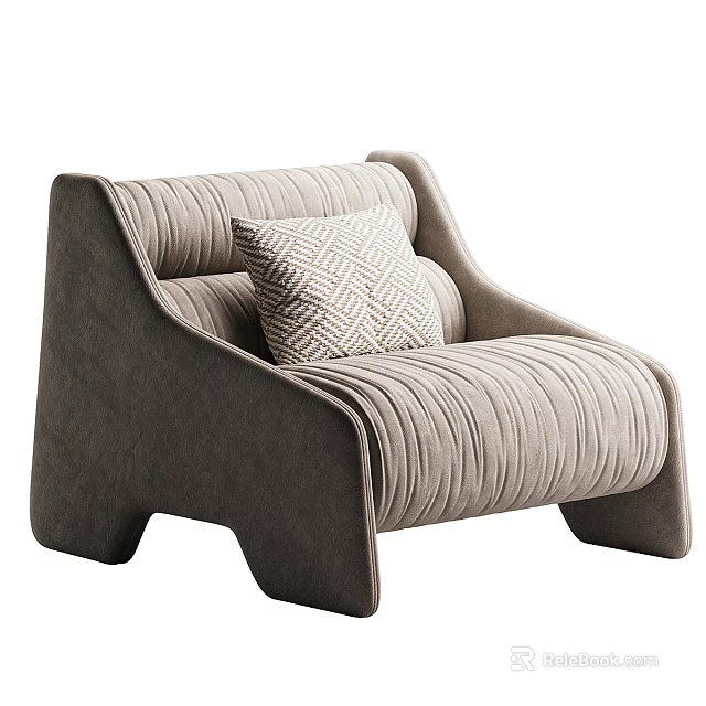 Modern Light Gray Upholstered Accent Chair with Geometric Pattern Pillow and Stitched Details 3d model 