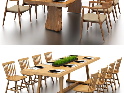 Natural Wooden Conference Table With Matching Chairs And Green Plant Decoration On Tabletop 3d model