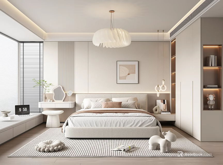 Modern Bedroom Interior Design With White Pendant Light Large Bed And Striped Rug 3d model 