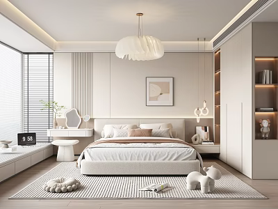 Modern Bedroom Interior Design With White Pendant Light Large Bed And Striped Rug 3d model