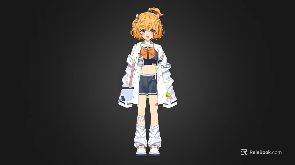 Anime Style Woman With Orange Twin Ponytail White Coat Black Skirt And White Boots 3d model 