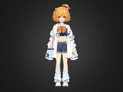 Anime Style Woman With Orange Twin Ponytail White Coat Black Skirt And White Boots 3d model
