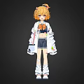 Anime Style Woman With Orange Twin Ponytail White Coat Black Skirt And White Boots