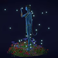 Blue Skinned Long Eared Humanoid With Braided Hair Interacting With Bioluminescent Sprite Like Creatures