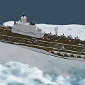 Modern Military Warship on the Water with Deck Structure and Shipborne Equipment