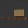 Rustic Log Cabin Enclosed Garden Scenery with Thatched Roof Wooden Fence Gate Wheelbarrow and Bucket