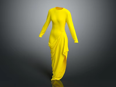 Yellow Long Sleeve Full Length Flowy Dress with Elegant Drape Design 3d model