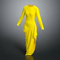Yellow Long Sleeve Full Length Flowy Dress with Elegant Drape Design
