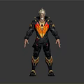 Blonde Haired Game Movie Character With Black Red Outfit Flame Pattern And Golden Accents