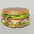 Layered Sandwich With Sesame Seed Bun Lettuce Tomato Ham And Cheese