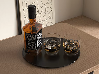 Whiskey Bottle And Glass Cups With Ice Cubes On Black Tray Wooden Table 3d model