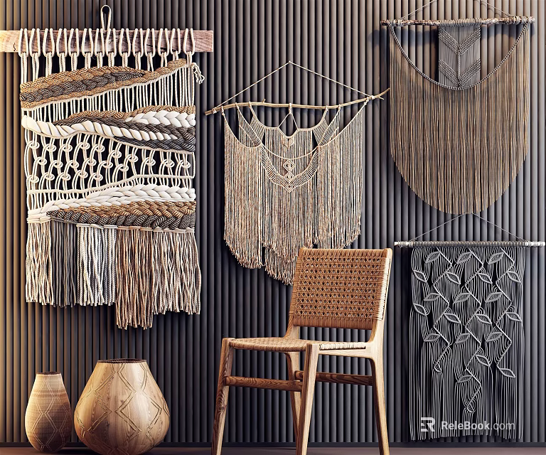 Bohemian Macramé Wall Decor With Woven Hangings Wooden Chair And Vases 3d model 