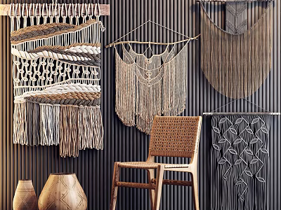Bohemian Macramé Wall Decor With Woven Hangings Wooden Chair And Vases 3d model