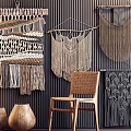 Bohemian Macramé Wall Decor With Woven Hangings Wooden Chair And Vases