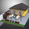 Outdoor Patio With Glass Roof Yellow House Black Roof White Sofas And Lawn