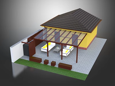 Outdoor Patio With Glass Roof Yellow House Black Roof White Sofas And Lawn 3d model