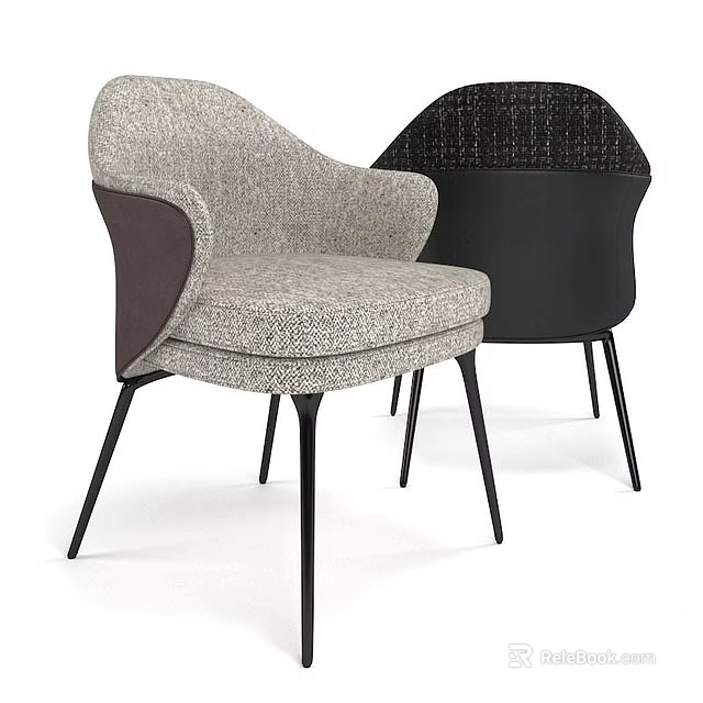 Modern Single Chair Featuring Light Gray Textured Fabric and Black Slim Legs Design 3d model 