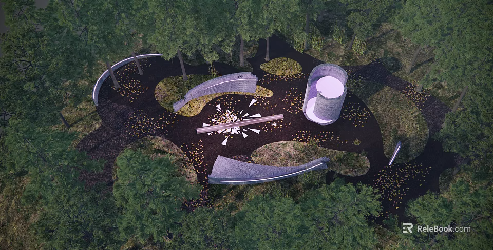 Natural Park Landscape With Curved Pathways Circular Structure Seating Area And Fallen Leaves 3d model 