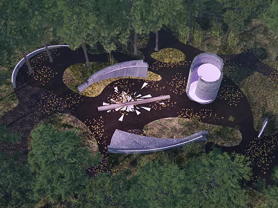 Natural Park Landscape With Curved Pathways Circular Structure Seating Area And Fallen Leaves 3d model