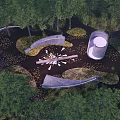 Natural Park Landscape With Curved Pathways Circular Structure Seating Area And Fallen Leaves 3d model