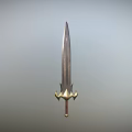 Classic Metallic Sword With Golden Hilt Decoration Red Pommel Against Simple Gray Background