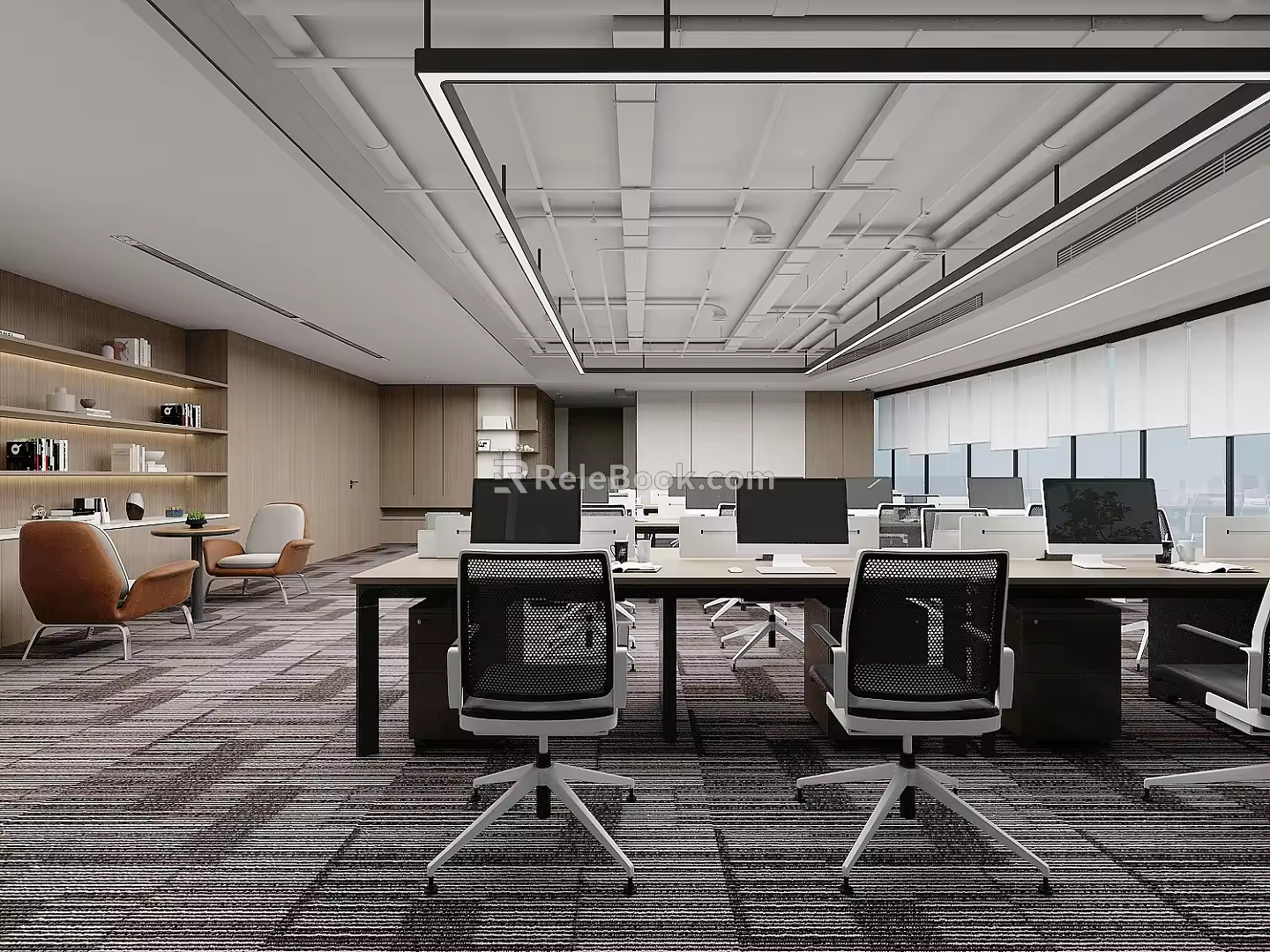 Modern Public Office Area Company Public Office Area Workstation Office Desk and Chair Computer Desk and Chair Tea Cabinet Pipe Ceiling 3d model