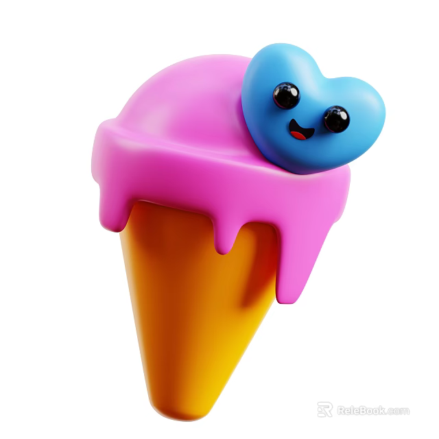 Cute Orange Ice Cream Cone with Pink Scoop Blue Heart Decoration and Smiling Face 3d model 