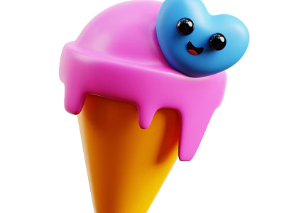 Cute Orange Ice Cream Cone with Pink Scoop Blue Heart Decoration and Smiling Face 3d model