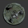 Fantasy Mechanical Sculpture With Red Ring Top And Green Mossy Base And Decorative Details