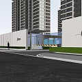 Modern High Rise Residential Community Entrance With Green Belt And Buildings
