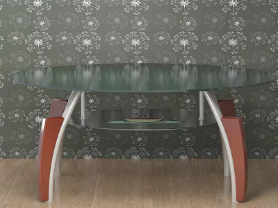 Round Green Glass Table With Red Silver Legs On Wooden Floor Against Patterned Wallpaper 3d model