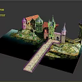 Medieval Castle Architecture with Red Roofs Towers Bridge and Surrounding Water