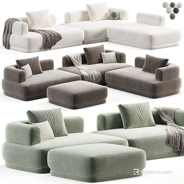 Stylish Modular Sectional Sofa With Decorative Pillows Soft Throw Blankets And Ottoman 3d model 