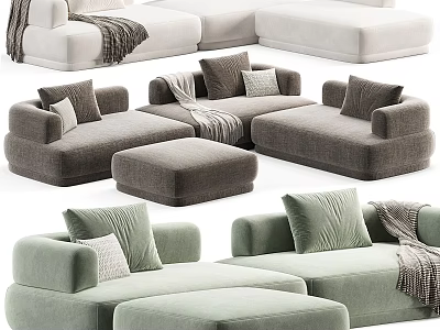 Stylish Modular Sectional Sofa With Decorative Pillows Soft Throw Blankets And Ottoman 3d model