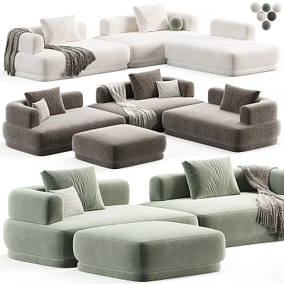 Stylish Modular Sectional Sofa With Decorative Pillows Soft Throw Blankets And Ottoman 3d model