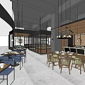 Modern Restaurant Interior With Wooden Bar Counter Marble Top And Yellow Pendant Lights
