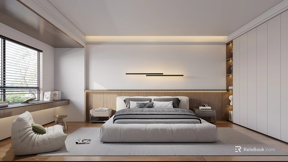 Modern Minimalist Bedroom Interior With Platform Bed Wooden Nightstands And Wall Mounted Lighting 3d model 