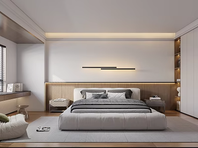 Modern Minimalist Bedroom Interior With Platform Bed Wooden Nightstands And Wall Mounted Lighting 3d model
