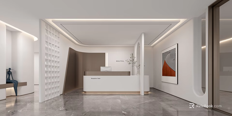 Modern Minimalist Reception Desk Interior With White Design Marble Floor Wall Decor And Green Plant 3d model 