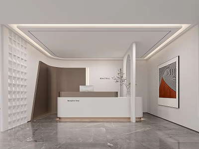 Modern Minimalist Reception Desk Interior With White Design Marble Floor Wall Decor And Green Plant 3d model