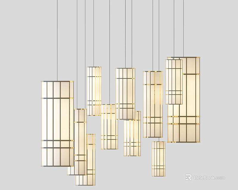 Modern Geometric Frame Chandeliers With Rectangular Design Hanging In Light Colored Sleek Style 3d model