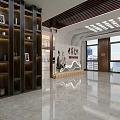 Chinese Style Lobby Interior With Wooden Screen TV Bookshelf And Green Door