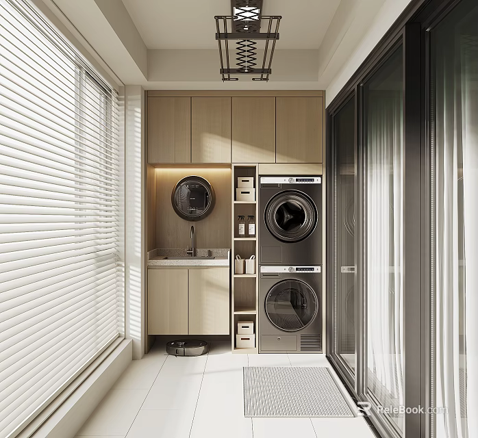 Modern Minimalist Home Balcony With Washing Machine Dryer Cabinets Sink Blinds And Glass Door 3d model 