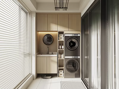 Modern Minimalist Home Balcony With Washing Machine Dryer Cabinets Sink Blinds And Glass Door 3d model