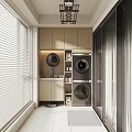 Modern Minimalist Home Balcony With Washing Machine Dryer Cabinets Sink Blinds And Glass Door